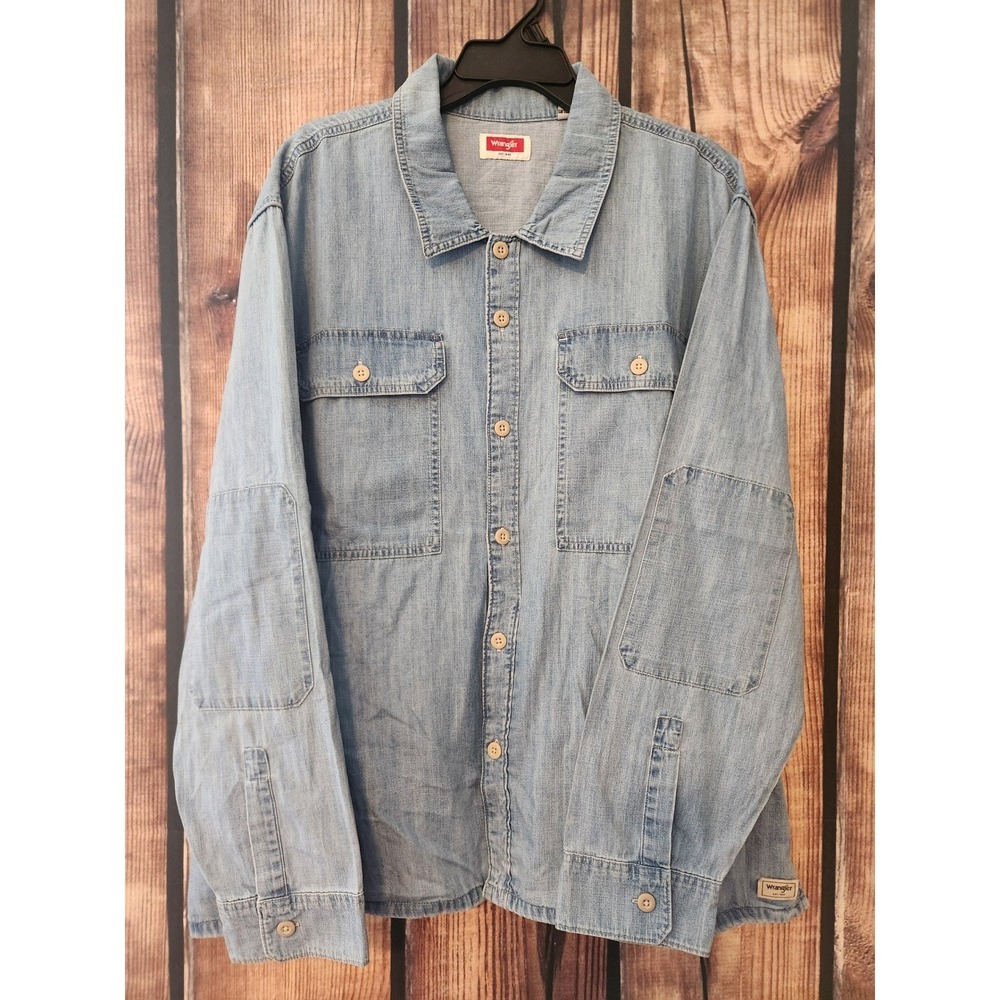 Wrangler Mens 2XL Light Wash Denim Button Down Shirt Long Sleeve Elbow Patches